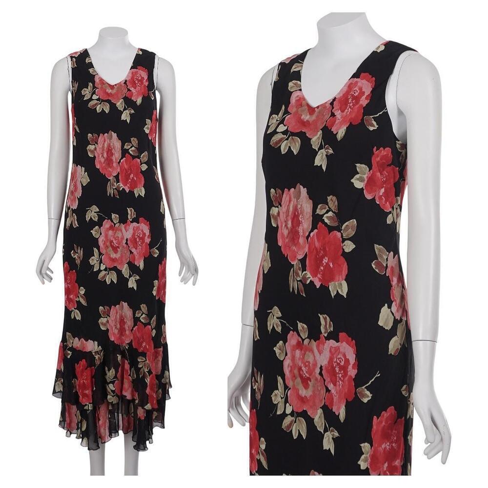 Petite Sophisticate Y2K Dress 8 Black Floral Sleeveless Romantic Midi Maxi Vtg